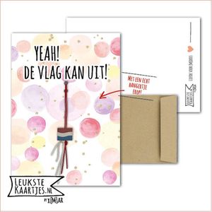 Kaartkadootje -> Vlaggetje - No:01 (Yeah! De vlag kan uit! - Gelukspoppetje houten Nederlandse vlag - Geslaagd-school-certificaat-rijbewijs-eindelijk gelukt-etc - Confetti roze glitter kleurige dots) - LeuksteKaartjes.nl by xMar