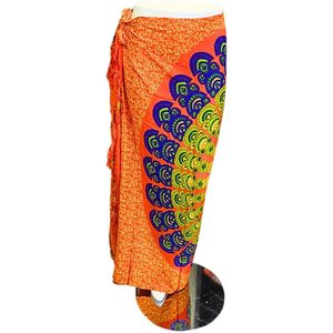Om Namaste Sarong - 655 - Mandala - groen & blauw op oranje - Wikkeljurk - Pareo - Strandlaken