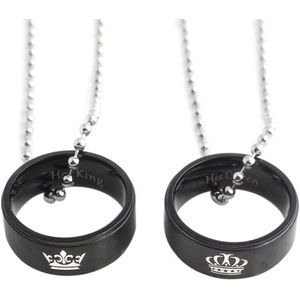 King & Queen Ringen (Zwart) Ketting Set voor Hem en Haar - Valentijn Cadeautje voor Stellen - Romantische Sieraden Set - Liefdes Cadeau
