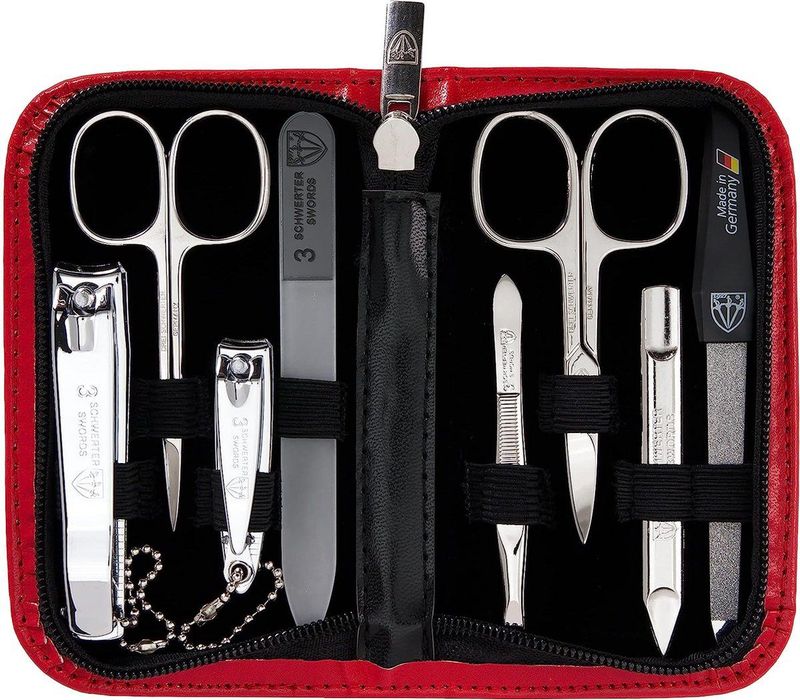 Manicure Set - Roma - 8-Delige Nagelverzorgingsset - Rood Kunstleer - Staal