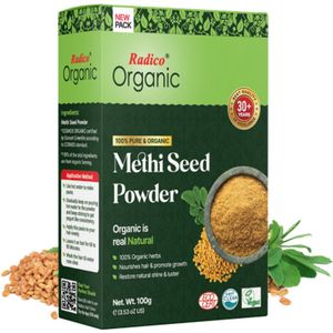 Radico ORGANIC METHI 100% Natuurlijke BIO Organic Vegan Haargroei, Anti-Haaruitval, Anti-Vergrijzing, Care, Volume, Voedende Poeder Haarmasker en Shampoo 2 in 1 met ECOCERT, HALAL, VEGAN 100g