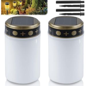 Graflampen op zonne-energie met grondpen - Set van 2 - Waterdicht - Outdoor begraafplaatskaars IP55 - Zonne-kaarsen (wit)