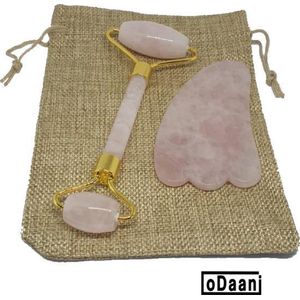 Verbeterde Rose Quartz Roller + Gua Sha - Inclusief Opberg Zakje - Anti Rimpels - Gezicht Massage - oDaani