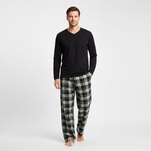 La V pyjamaset voor heren met geruite flanel broek met V hals top Zwart XL