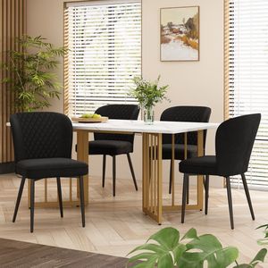 Sweiko Eettafel set, 140 x 80 x 75cm eettafel met 4 stoelen, zwart fluweel eetkamerstoelen, kussens stoel ontwerp met rugleuning, wit MDF tafelblad, V-vormige gouden tafelpoten