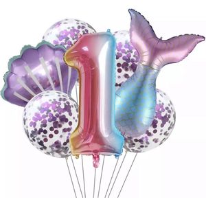 Zeemeermin Verjaardag Set - Leeftijd: 1 Jaar - Zeemeermin / Mermaid Ballonnen - Feestversiering - Verjaardag Versiering - Kleur: Roze / Paars - 7 stuks - Kinderfeestje - Meisje Verjaardag Versiering - Feestpakket - Hoge kwaliteit