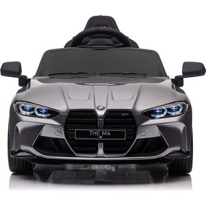 Elektrische kinderauto BMW M4 12V | auto voor kinderen met Rubberen banden, Lerenzitje, Bluetooth afstandsbediening (Zilver)