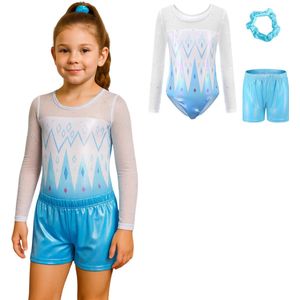 Joya Kids® Turnpakje Meisjes met Lange Mouwen, Broekje en Scrunchie | Blauw met Wit met Glitters en Strass Steentjes Ballet pakje | Gymnastiekpakje ijsprinses Stijl | Turnen | Turn Pakje set | Maat 120