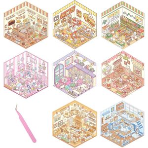 8 Stuks 3D Sticker Set - Huis Stickers 8 Scènes Met Achtergrond En Pincet Decoratieve Stickers Voor Fotoalbums