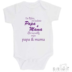 100% katoenen Romper ""De liefste en leukste Papa & Mama zijn toevallig mijn Papa & Mama"" Meisjes Katoen Wit/paars Maat 56/62