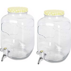 2x stuks glazen drankdispensers/limonadetap met geel/wit geblokte dop 4 liter - Tapkraantje