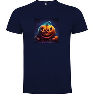 Donker Blauw T-Shirt met “ Kleurrijke Halloween Spooky Pompoen Face “ Print Full Color Maat S