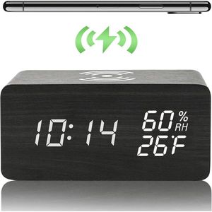 Digitale Houten Wekker met Draadloos QI Opladen en Alarminstellingen - LED Klok voor Slaapkamer, Woonkamer en Kantoor