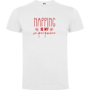 Wit T-Shirt met “Napping is my SuperPower“ Afbeelding Rood Maat 2XL