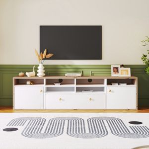 Moderne elegantie: tv-meubel met gouden handgrepen en royale opbergruimte in hout en wit