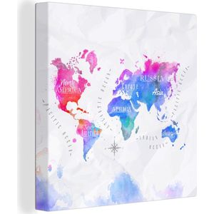 Canvas Wereldkaart - 50x50 - Wanddecoratie Wereldkaart - Topografie - Waterverf