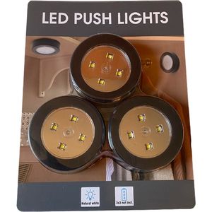 Luxe Zwarte Zelfklevende LED Druklampen Set van 3 stuks - Zwarte Druk LED lampen - LED Push Lights 3 PCS - Werkt op 3 AAA Batterijen (Let op! De batterijen zijn niet inbegrepen)