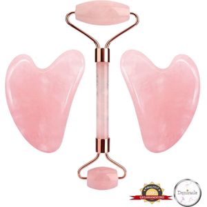 Demiracle® Face Roller & Gua Sha Schrapers – 2 Stuks – Rose Quartz – Face Rollers – Gezichtsmassage – Massagetools – Massage - Ontspanning – Kwaliteit