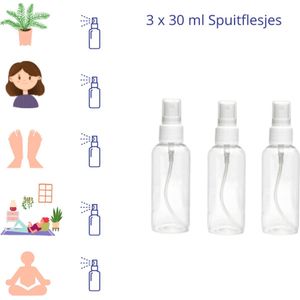 Sprayflesje - 3 x 30 ml- Spray flacon - Spuit Flesje - Verstuiver - Kunststof - Reisflacon - Fijne verneveling - Goede kwaliteit - Herbruikbaar