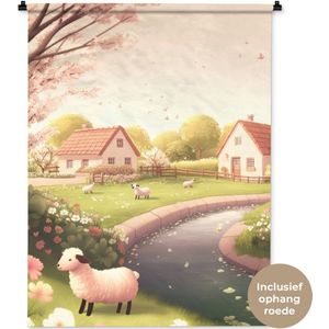 Wandkleed 90x120 cm - Wanddoek Schapen - Huisje - Platteland - Wandtapijt - Wandkleden