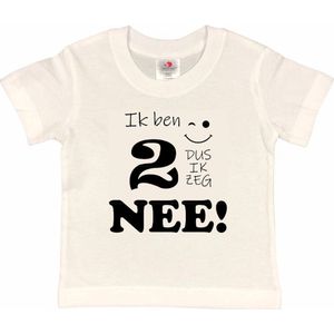 T-shirt Kinderen ""Ik ben 2 dus ik zeg NEE!"" | korte mouw | wit/zwart | maat 98/104 (XXS)