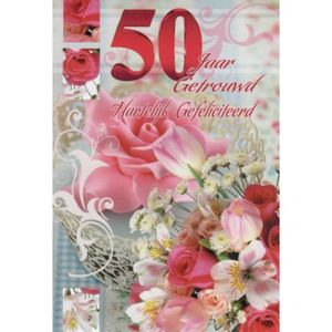 50 jaar getrouwd! Hartelijk gefeliciteerd! Een bijzondere en kleurrijke wenskaart met allerlei soorten bloemen. Een dubbele wenskaart inclusief envelop en in folie verpakt.