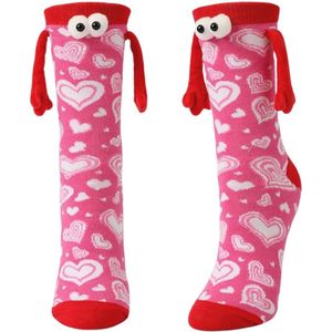 Love Socks - Roze Sokken met Hartjes, Ogen en Magnetische Handjes - Dames maat 35-40 - Valentijn/Liefde/Grappig