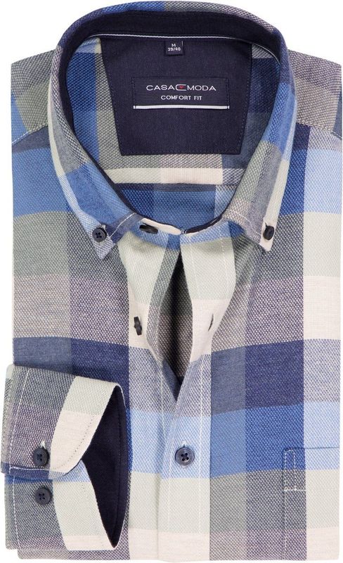 CASA MODA - Sport Comfort Fit - Overhemd - Wit met Blauw en Groen Geruit - Strijkvriendelijk