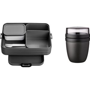Broodtrommel Lunch To Go-Set, Inclusief Bento Box, Grote Lunchbox met Vakken, Eetbox voor Snacks en Resten, Voor Volwassenen - Zwart