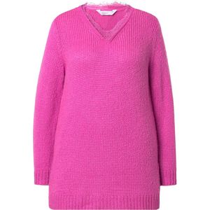 MIAMODA - Dames - Trui classic fit grof breisel hals met kant - Fuchsiaroze - Maat 54+