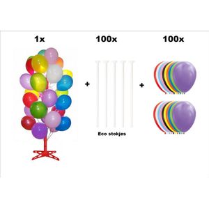 1x Ballonnen boom 180cm + 100x Ballonstokjes karton + 100x Ballonnen - Festival verjaardag thema feest party opening uitdeel