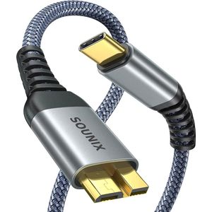 Sounix USB C naar micro B kabel - Harde schijf kabel - Micro B 3.0/5Gbps - 1.5 meter - Nylon Braided - Zwart