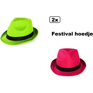 2x Festival hoed combi pink en neon groen mt.59 - Stro -Hoofddeksel hoed festival thema feest feest party