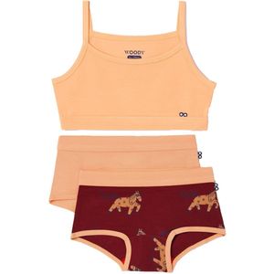 Woody ondergoed set meisjes - oranje - pony - 1 topje en 2 boxers - maat 140