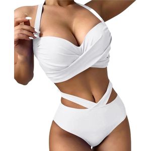 Plus - Hoge taille bikini set voor vrouwen - Push-up badpak met diepe V-hals - Sportieve strandbikini met wikkelbikini - criss cross string - 2 stuks effen badpakken