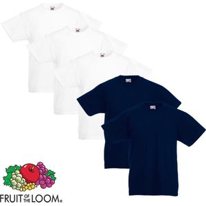 Fruit of the Loom Kinder t-shirts origineel wit/marineblauw maat 152 5 st