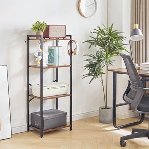 Boekenkast, 4-laags opbergrek, plantenplank, opbergrek met stalen frame, voor woonkamer, kantoor, studeerkamer, hal, industriële stijl, rustiek bruin en zwart