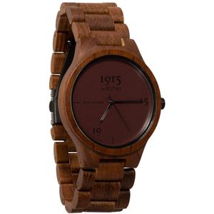 1915 Watch Real Leather Bordeaux - Ø 46 mm - Heren Horloge - Teakhout - Polshorloge - Houten Horloge - 1915 watches - Duurzaam Cadeau - Inclusief Geschenkdoos - Leren Wijzerplaat - Herenhorloge - Horloge Geschenkset - Rood
