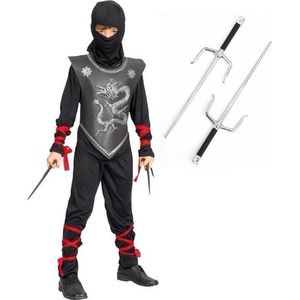 Ninja verkleedpak maat S met vechtstokken voor kinderen- kostuum