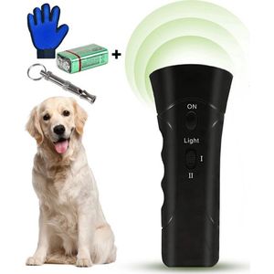 LotaHome - Anti Blaf Apparaat - Hondentrainer voor binnen en buiten - Bereik tot 25 meter - Zaklamp - Diervriendelijk - Zonder schok - Ultrasone - Voor alle honden - Inclusief massage borstel-handschoen, Hondenfluit en 9V batterij