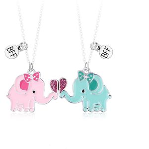 Bixorp Friends BFF Ketting voor 2 met Olifantjes - Zilverkleurig - Roze & Blauw - Magnetische Vriendschapsketting - Twee Helften Best Friends - Vriendschap Cadeau voor Twee