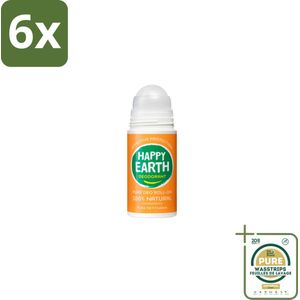 Happy Earth – Deodorant Roll-On – 100% Natuurlijk Rose Petitgrain – 75 ml - Voordeelverpakking - 6 stuks - Bloemige geur - Frisse geur
