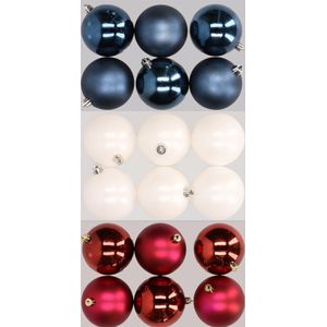 18x stuks kunststof kerstballen mix van donkerblauw, wit en donkerrood 8 cm - Kerstversiering