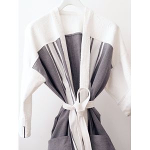 YELIZ YAKAR - Handmade - Luxe unisex sauna badjas “ Sunrise V �”- kimono ochtendjas - size2=M/L - 100% katoen - wit en grijs tinten streep - designer kleding