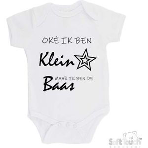 100% katoenen Romper ""Oke ik ben klein maar ik ben de baas"" Unisex Katoen Wit/zwart 68/74