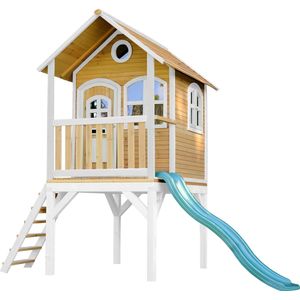 AXI Laura Speelhuis Bruin/wit - Groene Glijbaan – Classic speelhuisje met verdieping en ladder – FSC hout - Speeltoestel voor kinderen
