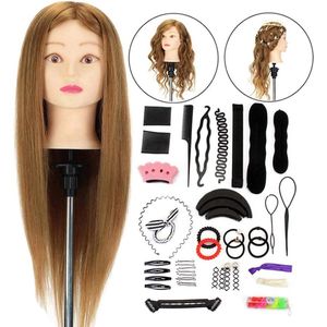 Opleidingshoofd 22"" Kappershoofd Cosmetologie Mannequin Manikin Doll 60% Echt Haar met Vlecht Set+ Gratis Klem (Bruin) - Neverland Scholing