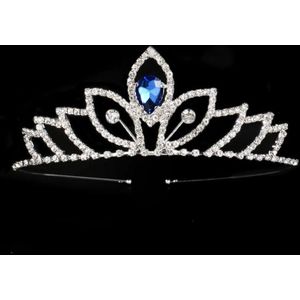 Fiory Tiara A11 | Tiara met strass steentjes| Kroontje bling bling| prinsessen kroontje| Diadeem| Haarsieraad met steentjes| volwassenen en kinderen| zilver met blauwe steen
