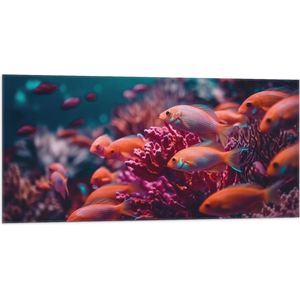 Vlag - Groep oranje vissen zwemmen door een roze koraal heen - 100x50 cm Foto op Polyester Vlag