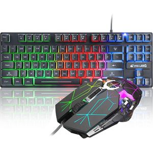 Gaming Toetsenbord en Muis Combo met Regenboog LED Verlichting – 87 Toetsen Mechanisch Gevoel, Optische Muis 2400 DPI voor Win/Mac